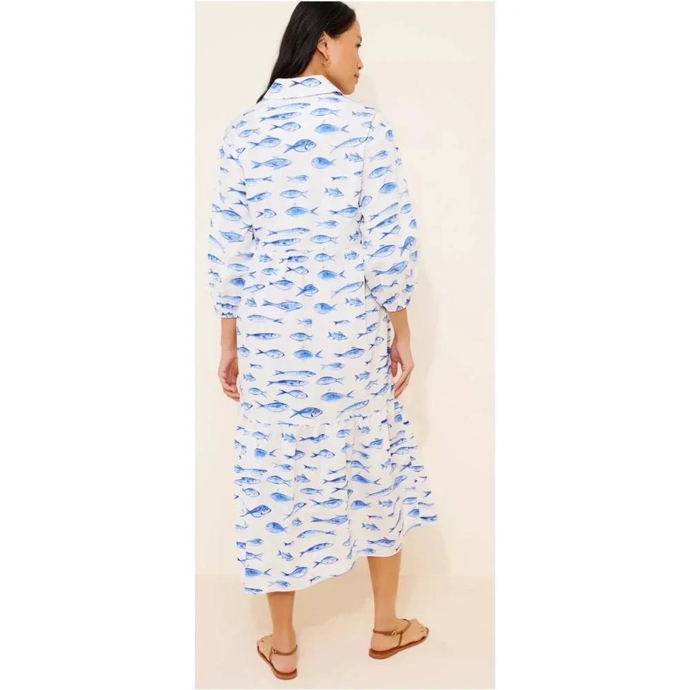 Anthropologie x Maeve The Bettina Shirt Dress Blue Fish Print Tiered Midi White - Picture 2 of 2